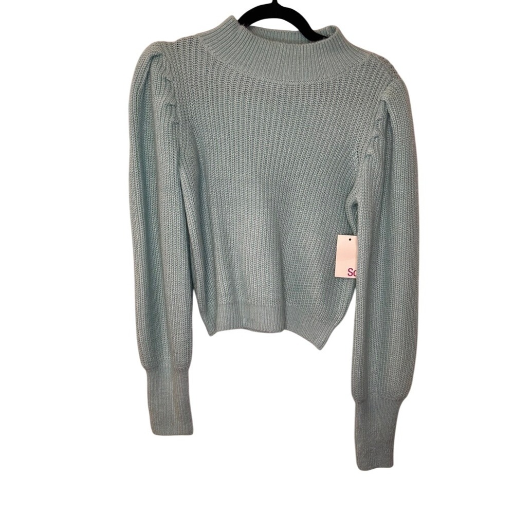 So Puff Sleeve Mock Neck Sweater Light Blue Ribbed Knit Pullover M NWT